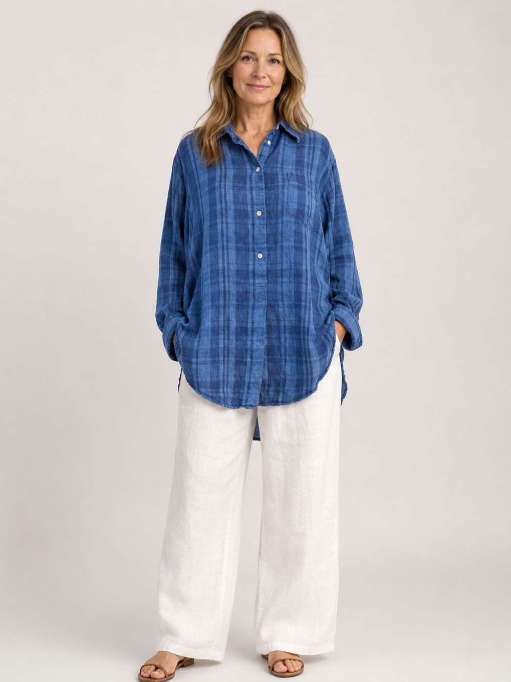 Lauren Ralph Lauren 100% Linen Blue Plaid High Low Blouse Women’s L Estimated